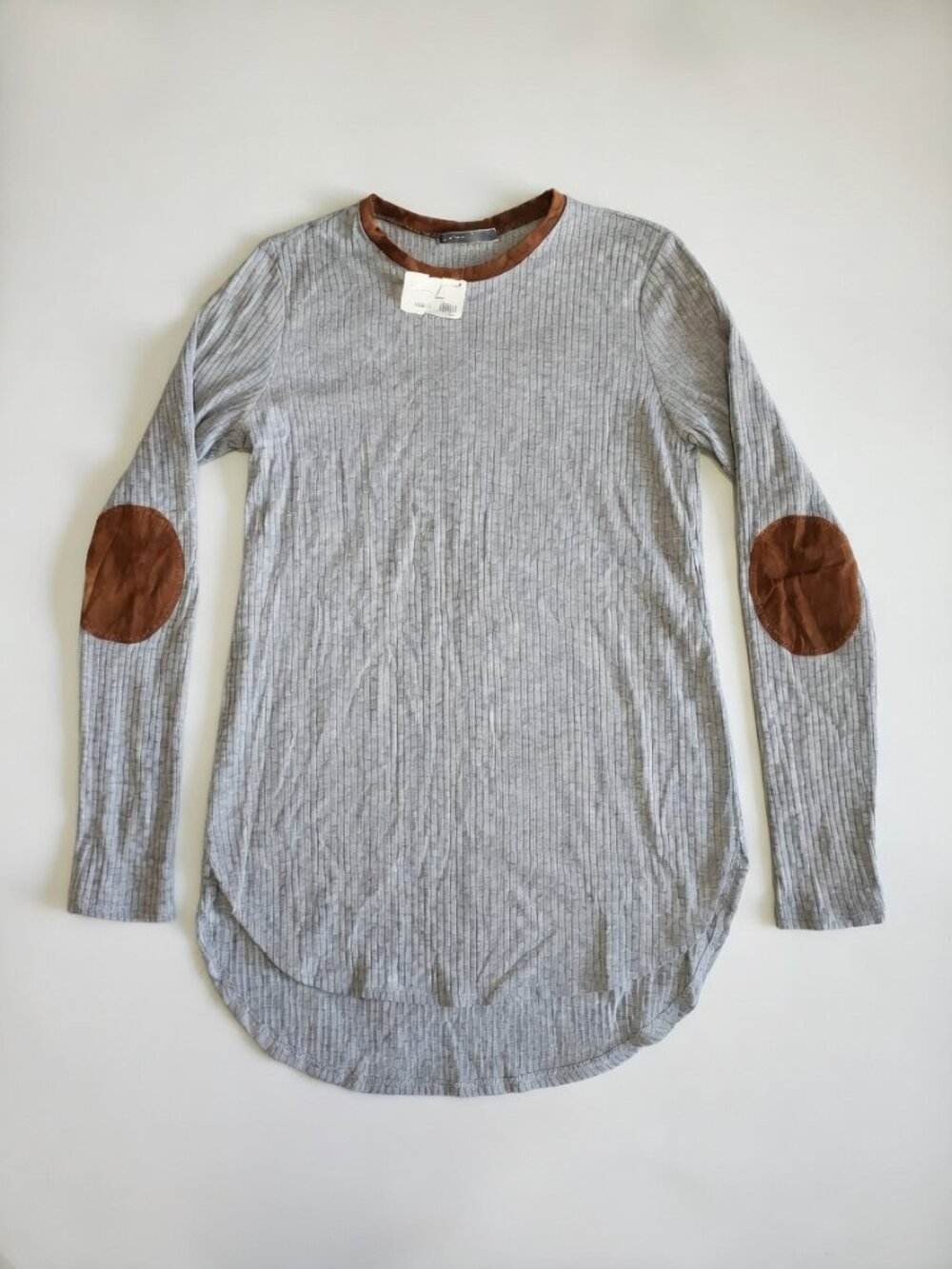 Cherish Ribbed Long Sleeve Tee with Elbow Patches Size L Gray Brown